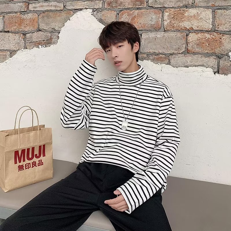 Áo Thun Cổ Lọ Tay Dài Dáng Rộng Họa Tiết Kẻ Sọc Phong Cách Hàn Quốc Thời Trang Xuân Thu Cho Nam Và Nữ