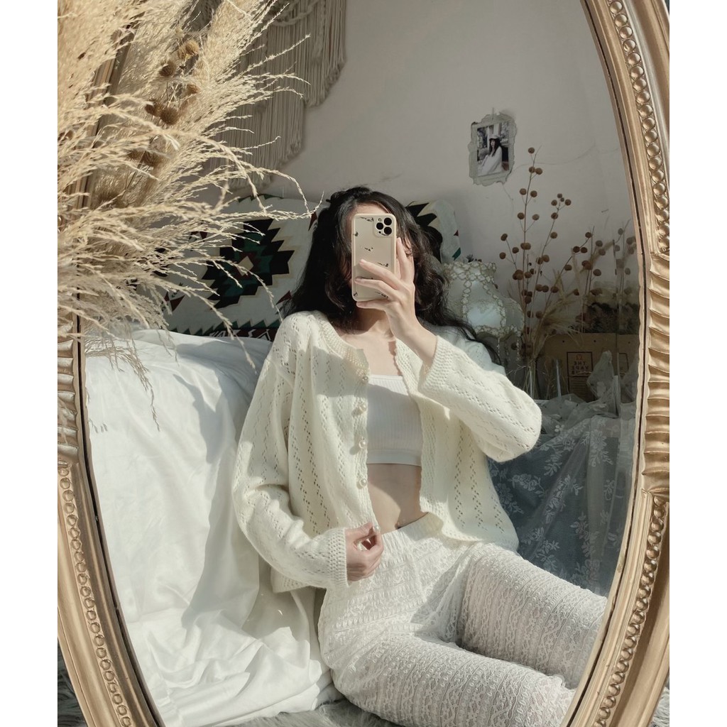 (ảnh thật Mint) Áo cardigan len khuyết dáng crop lửng