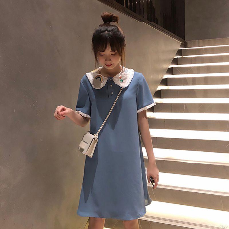 Đầm Ngắn Tay Cổ Búp Bê Thêu Họa Tiết Xinh Xắn Theo Phong Cách Hàn Quốc