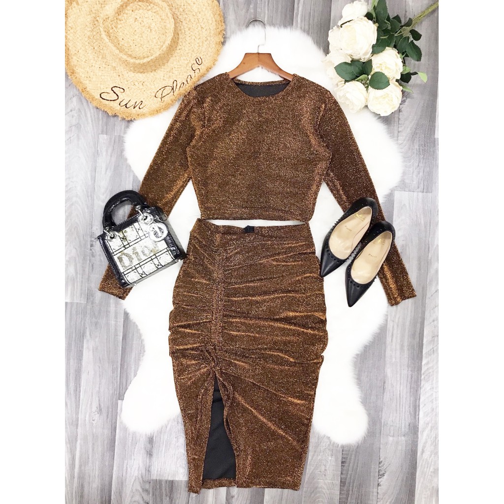 Sét đầm body rời áo tay dài kết hợp chân váy rút dây -MM.B762