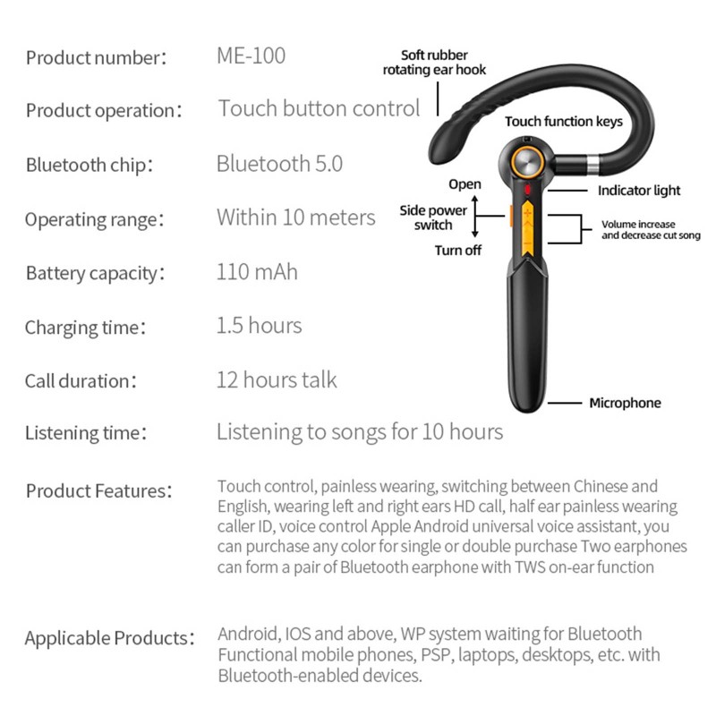 Tai Nghe Bluetooth M100 Móc Vành Tai Tích Hợp Mic