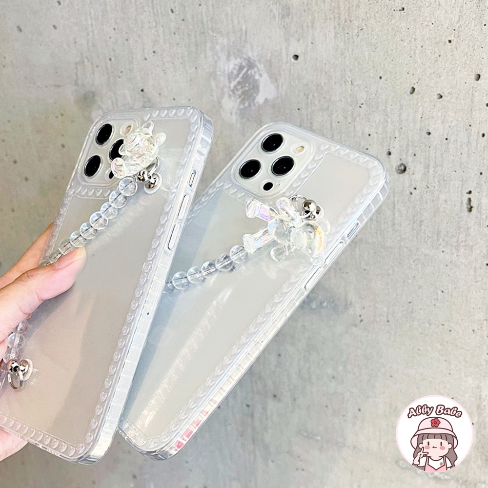 Ốp Điện Thoại TPU Mềm Trong Suốt Hình Gấu 3D Có Dây Đeo Cổ Tay Chống Trượt Cho IP 13 12 11 Pro Max X XS XR 8 7 Plus