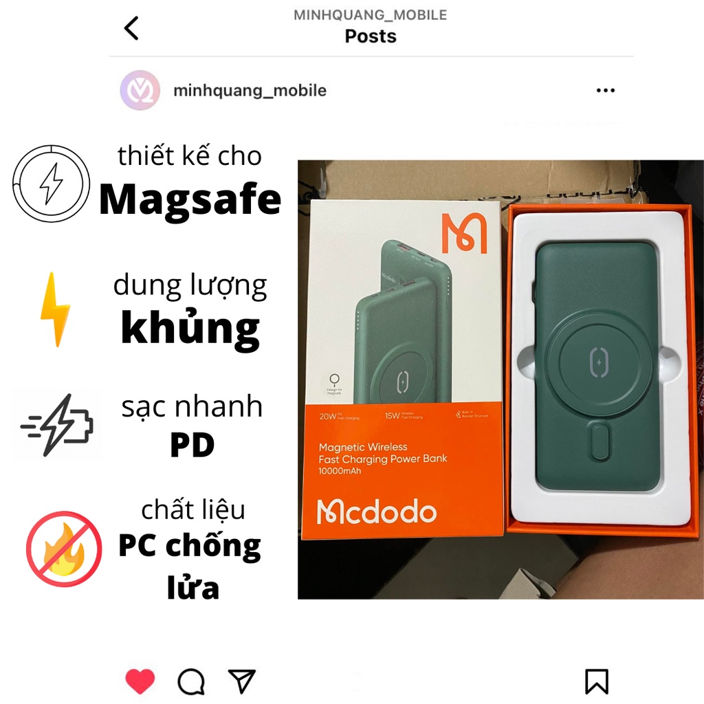 Bộ Sạc Không Dây MAGSAFE Mcdodo 15W 10000mAh Cho iPhone 8plus tới 12 Series / MinhQuangmobile