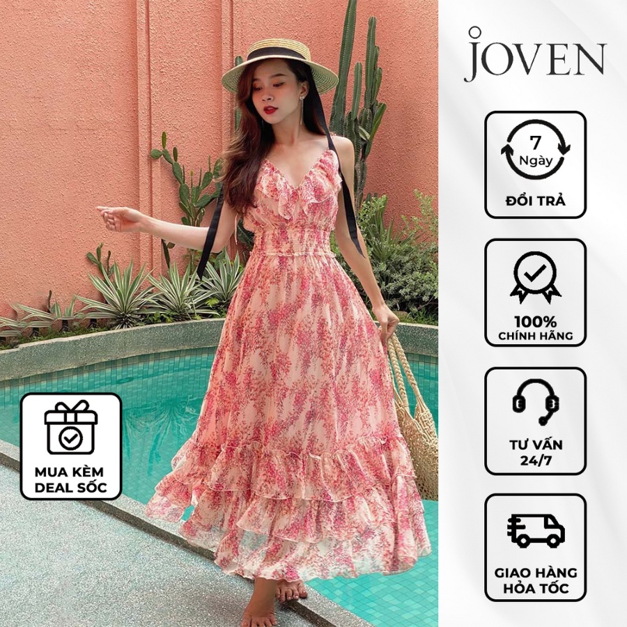 Đầm maxi xếp tầng cổ V bèo nhún Joven
