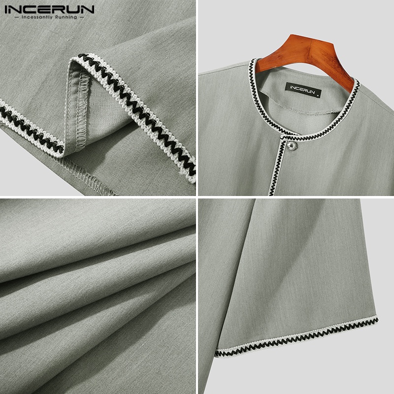 Set đồ INCERUN gồm áo sơ mi ngắn tay và quần baggy dài màu trơn thời trang cho nam