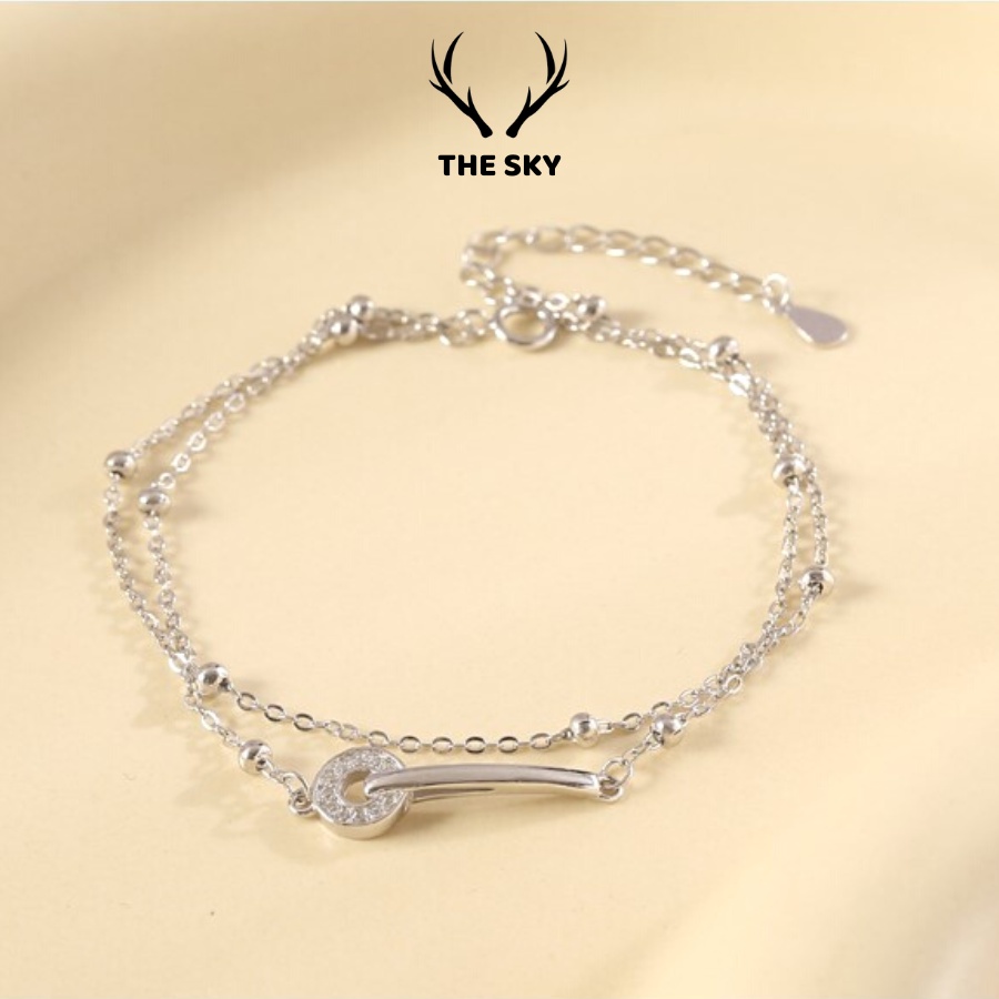 Vòng Tay Bạc Nữ THE SKY VT1023 Hai Dây Sợi Mảnh Kèm Mặt Tròn Đính Đá Điểm Hạt Bạc
