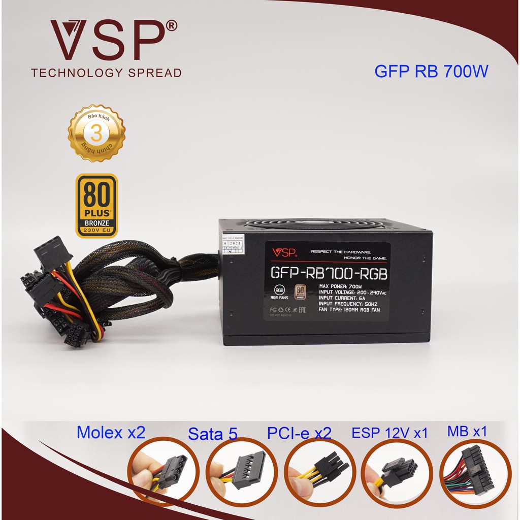Nguồn VSP 700W LED RGB Công Suất Thực bảo hành 36 tháng chính hãng