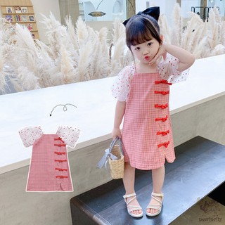 Đầm sườn xám tay phồng hoạ tiết kẻ caro dễ thương cho bé gái