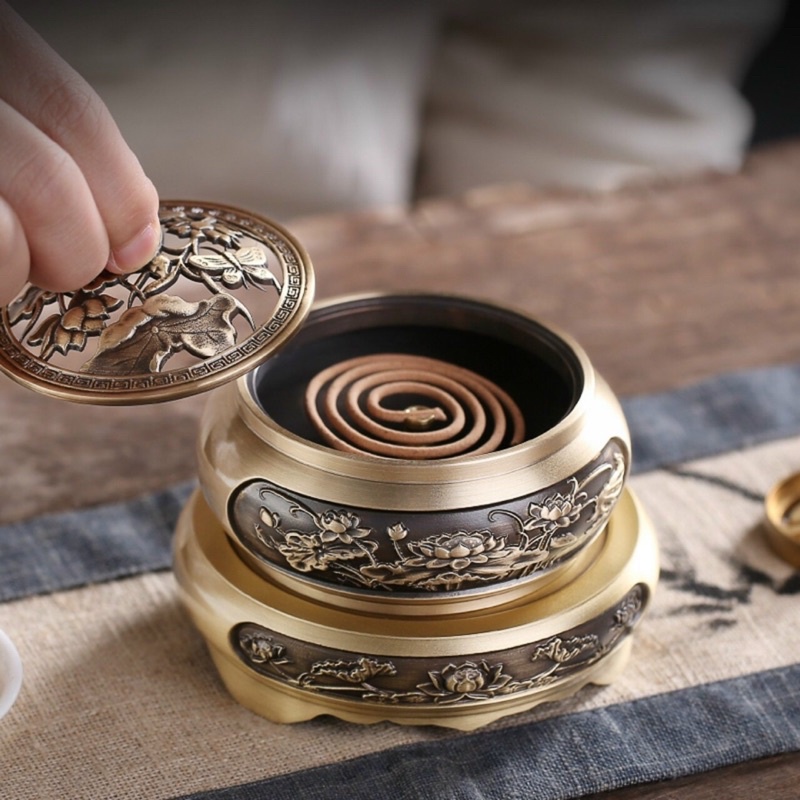 Lư Xông Trầm Hương - Đồng Cao Cấp - Đỉnh Đồng Xông Trầm Thiết Kế Tinh Xảo Kèm Trụ Và Lót Chống Cháy