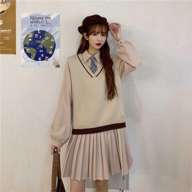 Set đầm tay dài dáng rộng thiết kế kiểu chân váy tennis + cà vạt ca rô + áo ghi lê dáng rộng thời trang