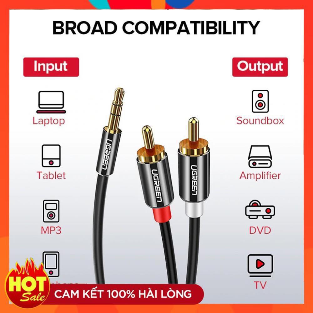 [Chính Hãng] Cáp loa 3.5mm ra 2 đầu AV 5m UGREEN 10591-Dây audio 3.5 ra 2 đầu RCA(Hoa sen)5mét UGREEN 10591