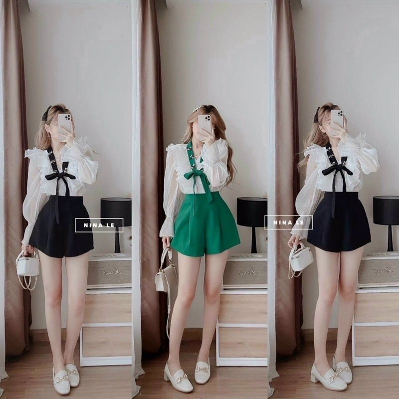 SÉT ÁO TAY DÀI BÈO VAI KÈM QUẦN & DÂY NƠ CÓ ĐÍNH ONG HOẠ TIẾT CỔ