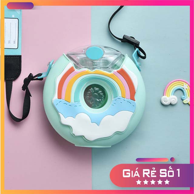 Bình uống nước hình bánh donut dành cho trẻ em 380ml colorfull  - kèm ống hút - có dây đeo cổ xinh xắn 2001
