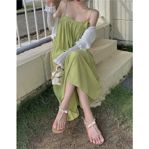 Đầm maxi 2 dây màu xanh bơ hàng quảng châu