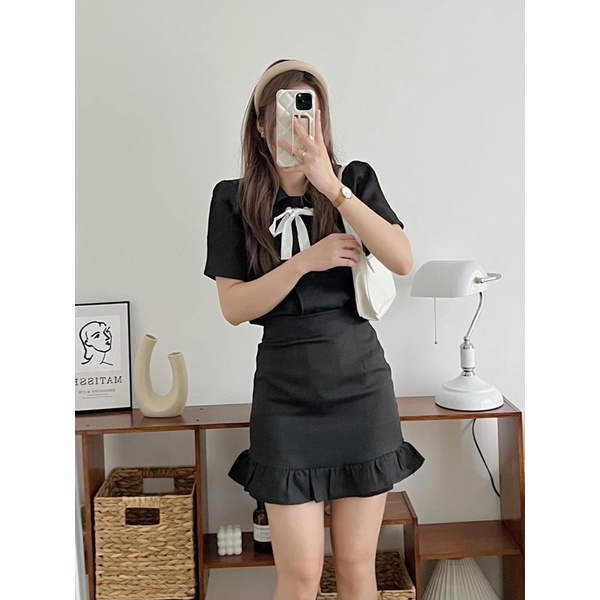 Set bộ đồ nữ Hàn Quốc chất liệu dạ text gồm áo cộc tay thắt nơ kèm chân váy ngắn đuôi cá siêu tiểu thư (TTA142)