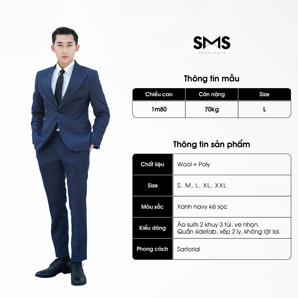 Vest nam xanh navy kẻ sọc, 2 khuy 3 túi phối quần sidetab, suits sartorial, chuẩn form Smart Suits