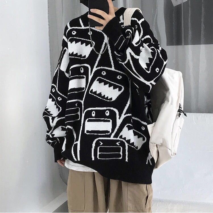 Áo sweater dáng rộng cổ tròn in họa tiết hoạt hình kiểu retro Nhật Bản thời trang thu đông cho nam