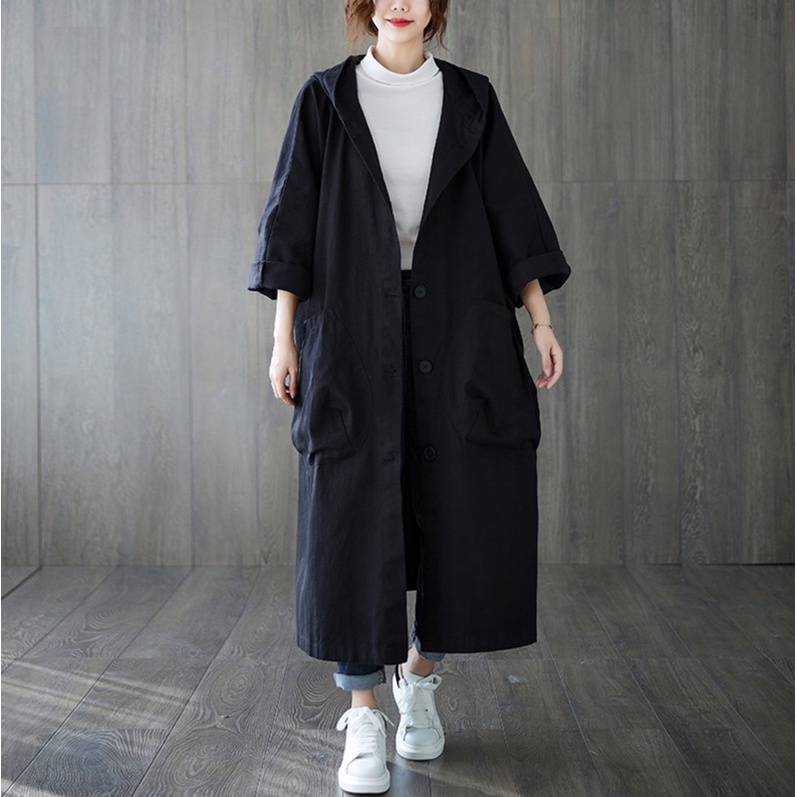 Áo khoác phong cách Nhật Trench Coat nữ có mũ trùm đầu dáng dài túi áo lớn thu đông bốn mùa ulzzang Hàn Quốc Lenvintage