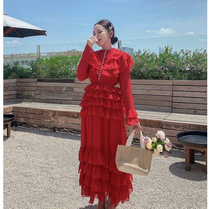 Đầm maxi đi biển 3 màu xếp tầng ảnh shop chụp -Maxi Ngọc Lan