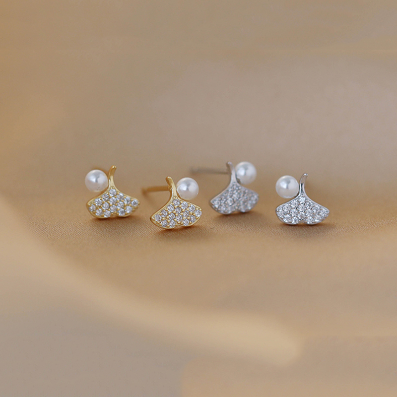Bông Tai Ngọc Trai Elegant Ginkgo Biloba Crystal Pearl Earrings Stud Shinning Leaves Zircon Party Earring Women Girl Gift Jewelry