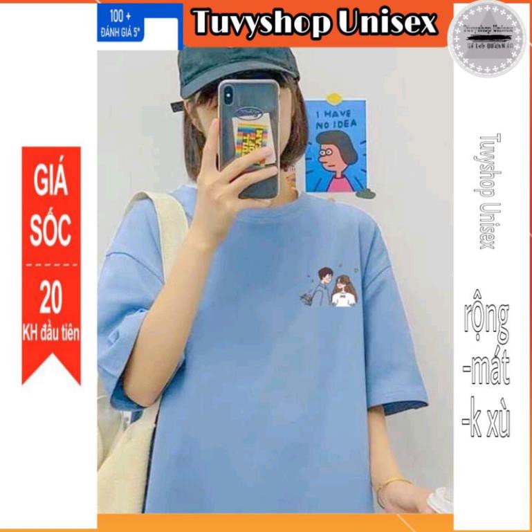 Áo phông nữ ⚡TUVYSHOP⚡ Áo cotton hút mồ hôi tay lỡ Unisex Đôi bạn oversize màu hồng