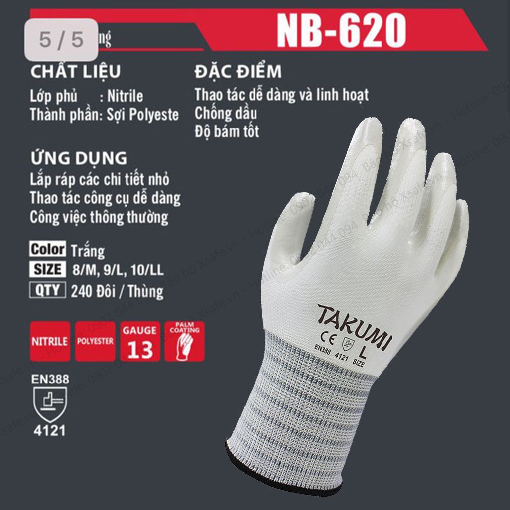 Găng tay bảo hộ Takumi NB-620 độ chính xác cao, phủ lớp nitrile chống dầu nhớt, tăng độ bám Bao tay bảo hộ lao động