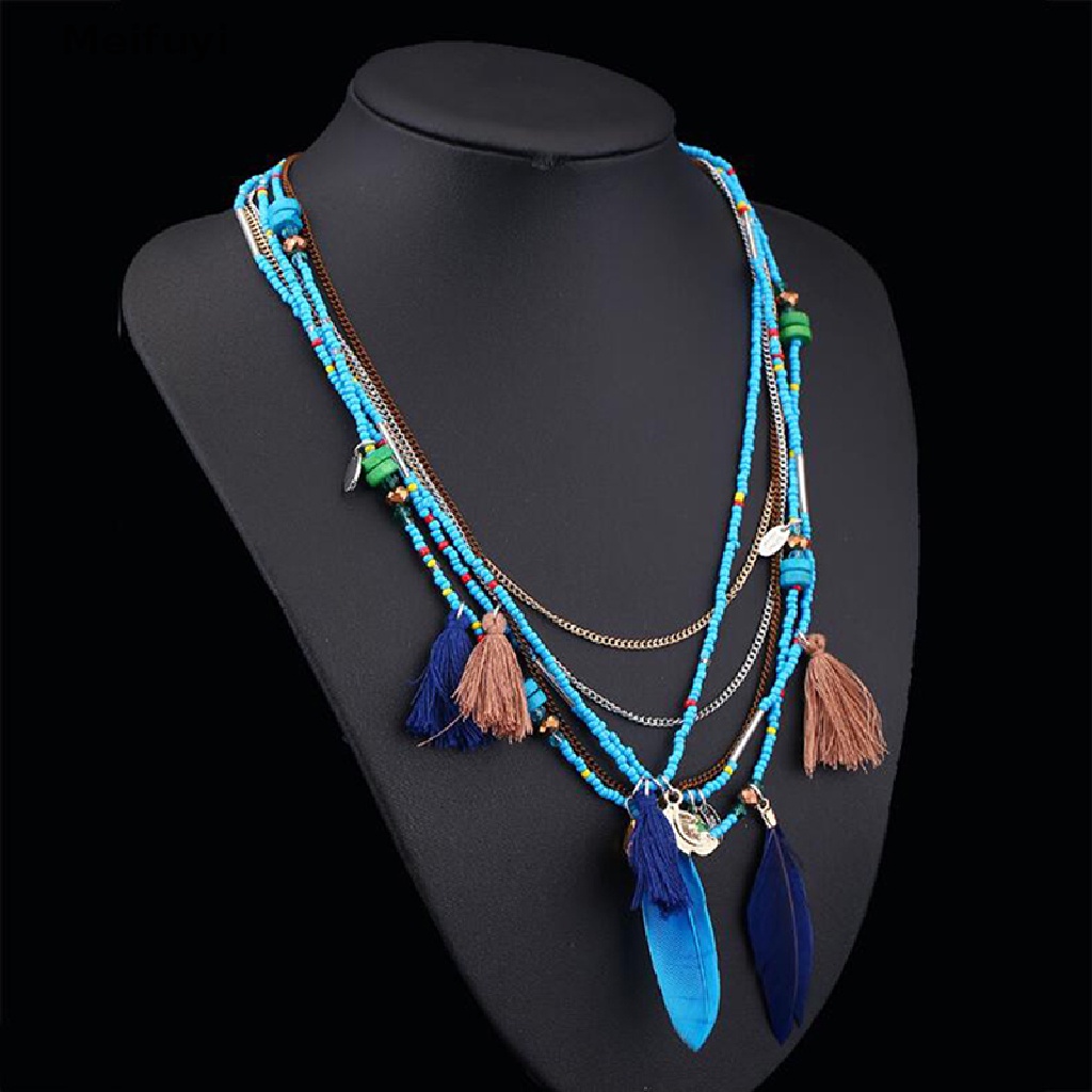 [Meifuyi] Boho Colorful Beads Feather Necklaces Tassel Multi-Layer Sweater Chain Jewelry COD