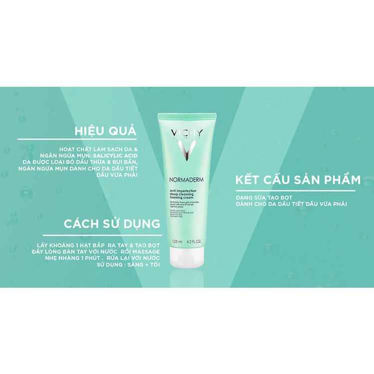 Sữa rửa mặt tạo bọt ngừa mụn&se khít lỗ chân lông Vichy Normaderm Deep Cleansing Foaming Cream 125ml