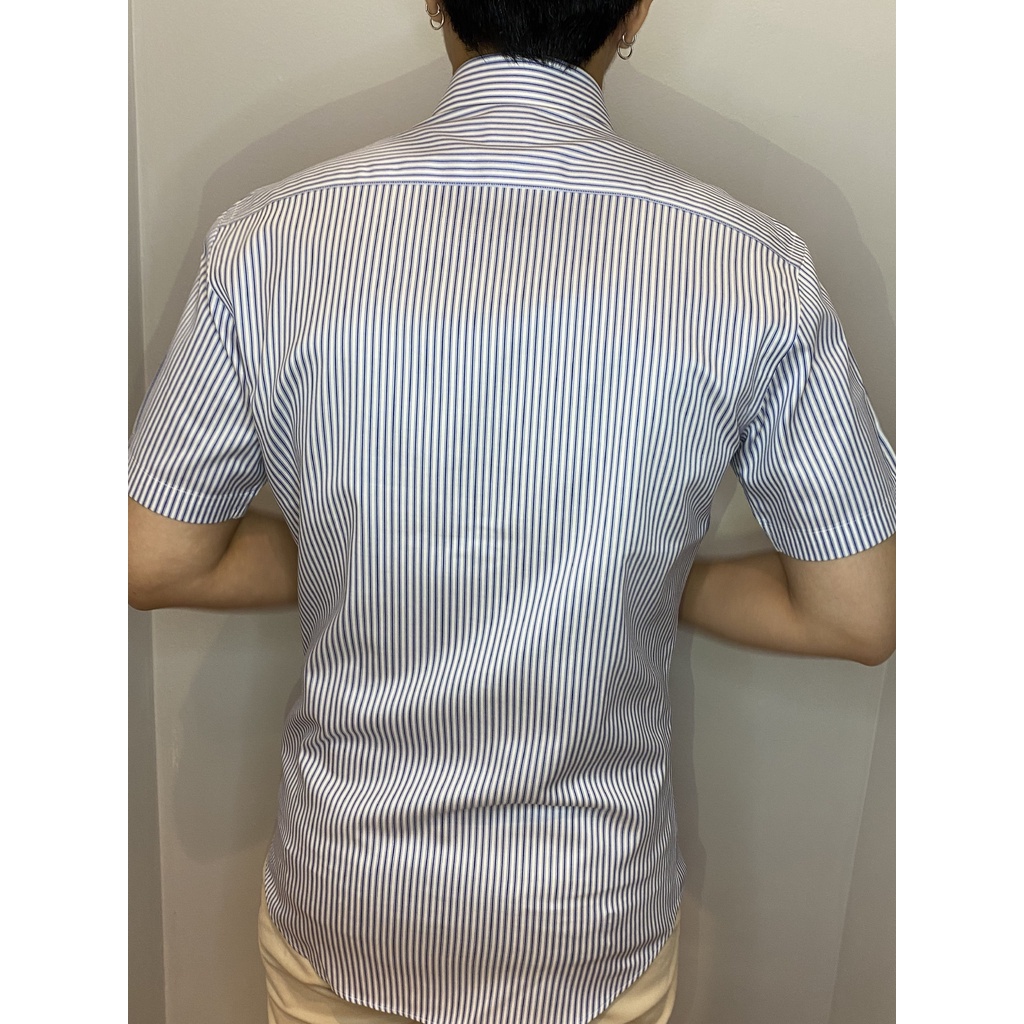 Áo Sơ Mi Nam Tay Ngắn CAMICISSIMA Xanh Sọc Form Slim Fit 100% Cotton Dòng Non-iron - NISFBLCR11039
