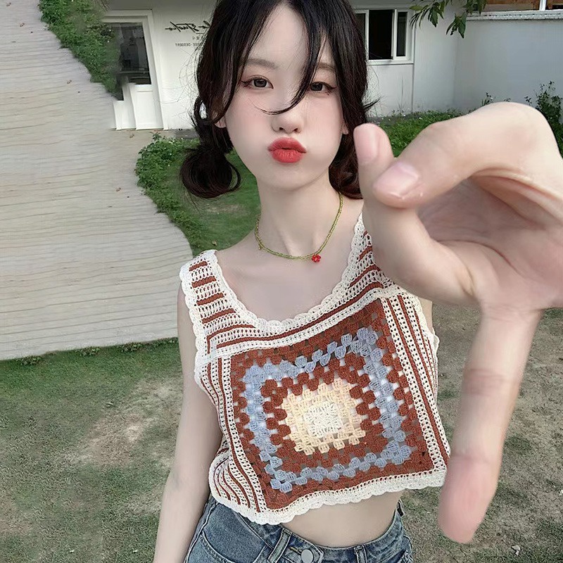 Áo Croptop Dệt Kim Không Tay Màu Sắc Tương Phản Phong Cách Hàn Quốc Thời Trang Mùa Hè Cho Nữ