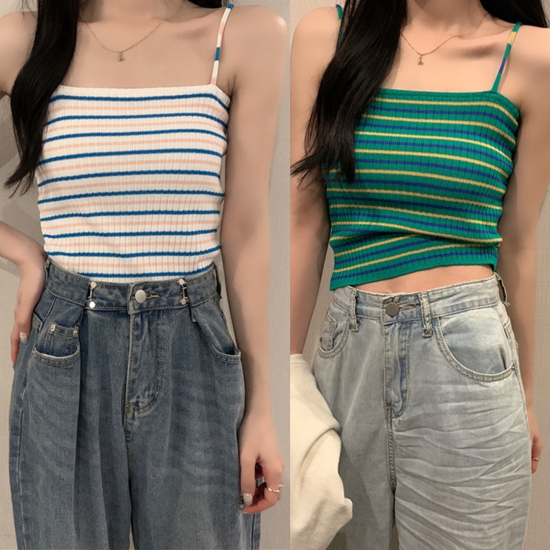 Áo Croptop Hai Dây Dệt Kim Ôm Dáng Họa Tiết Kẻ Sọc Nhiều Màu Cho Nữ