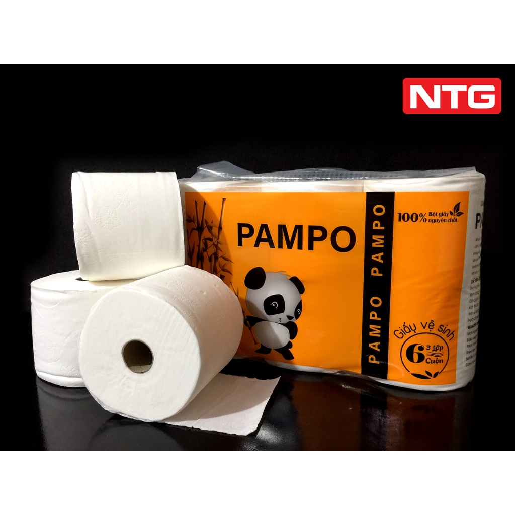 Lốc 6 cuộn Giấy vệ sinh PAMPO, 3 lớp, Siêu Mịn, Siêu Dai, cuốn chặt lên đến 250 tờ 3 lớp