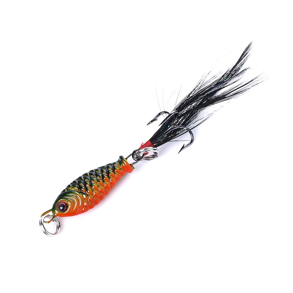 Hengjia 1 pcs  Mini Metal Fishing Jig Lure 3D Eyes Artificial Bait With Feather Hook Lead Jigs Fishing Lures 2.5cm 4g