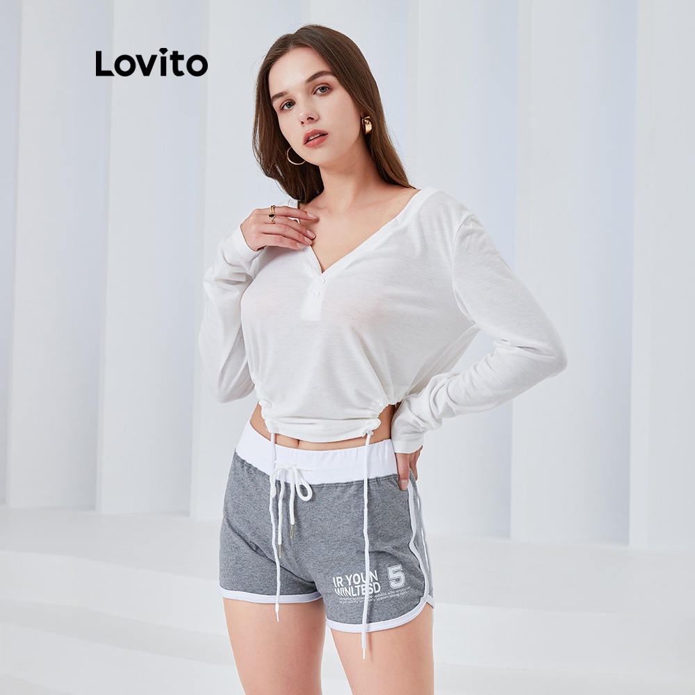 Áo thun Lovito TSLJXP2095 dáng ngắn cổ chữ V màu trắng phối dây rút có nút phía trước thời trang đơn giản