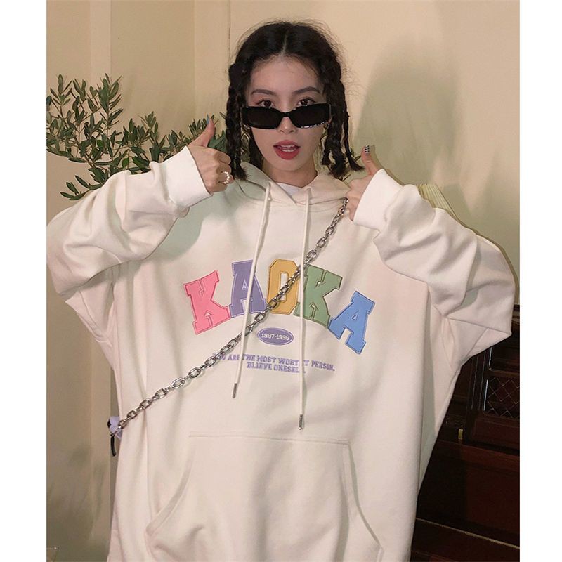 [Order-ảnh thật] Áo hoodie dáng rộng màu trắng chất nỉ da cá chữ Kaoka sắc màu có size local brand Trung