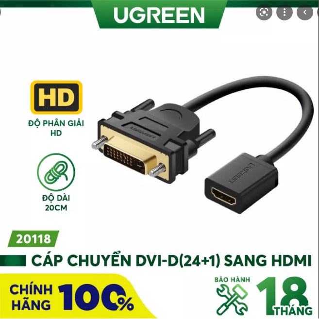 Đầu cáp chuyển đổi DVI 24+ 1 to HDMI âm chính hãng Ugreen 20124 20118 - Hàng chính hãng