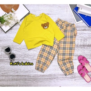 🍒 Bộ dài tay quần caro đấp gấu vàng xanh