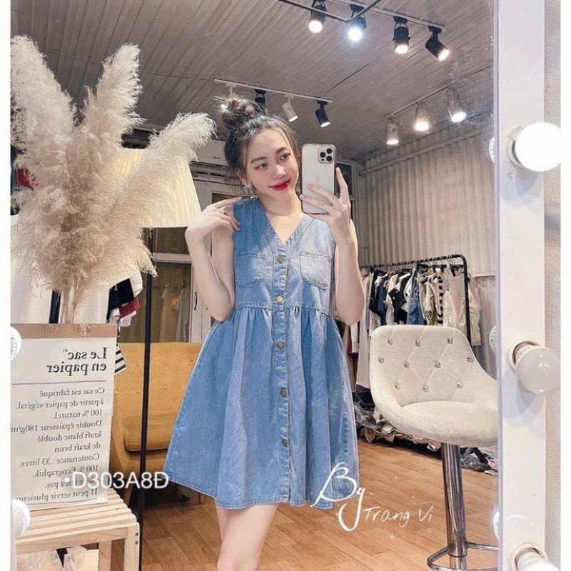 Váy Bò Denim Dáng Babydoll Đầm Yếm Sát Nách Xòe Siêu Xinh