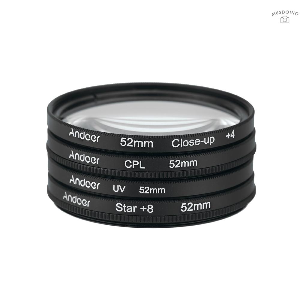 ღ Andoer 52mm UV+CPL+Close-Up+4 +Star 8-Point Filter Circular Filter Kit Circular Polarizer Filter Macro Close-Up Star 8-Point Filter with Bag for Nikon Canon Pentax Sony DSLR Camera