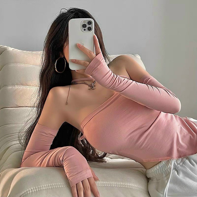 Áo Croptop Vạt Chéo Tam Giác Trễ Vai Tay Dài Dây Chéo Cổ A5261