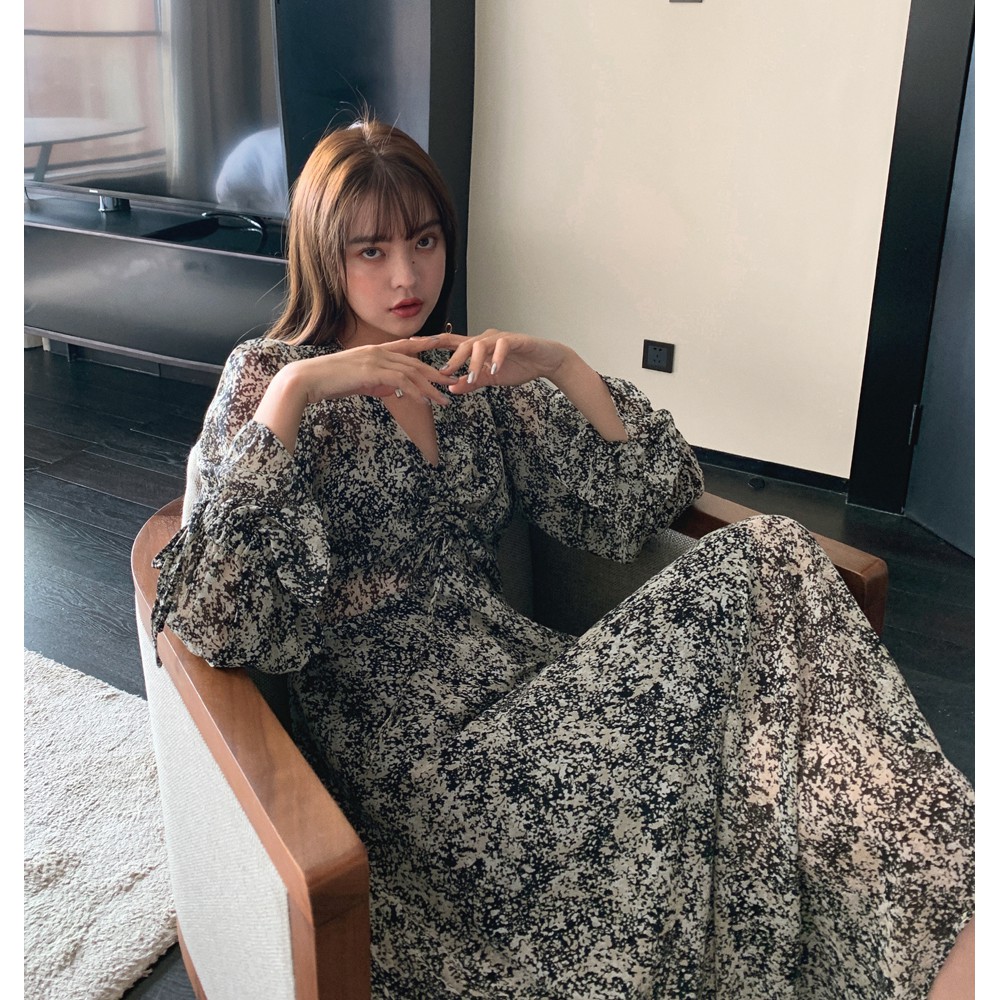 KOREAN STYLE Đầm Hoa Cổ V Thời Trang Dành Cho Nữ