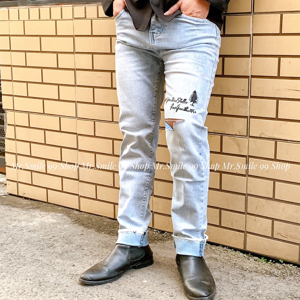 QUẦN JEAN NAM 6090 WAX PHỐI CHỮ THÊU ULZZANG FORM SKINNY FIT CO GIÃN MR SMILE 99 SHOP