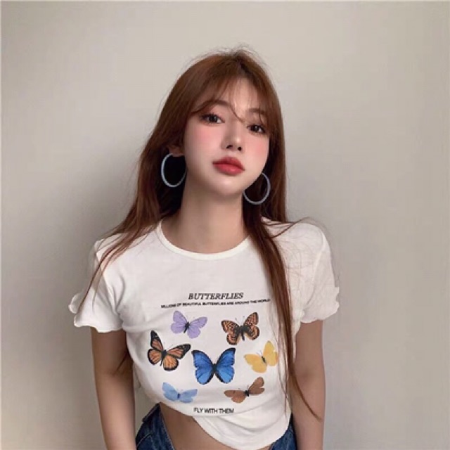 (Ảnh thật) Áo croptop in hình bướm