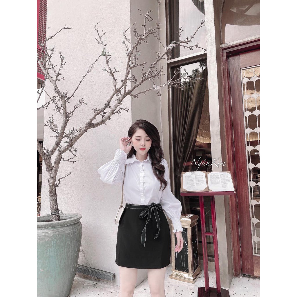 Xả chân váy cạp viền nơ cho nữ x