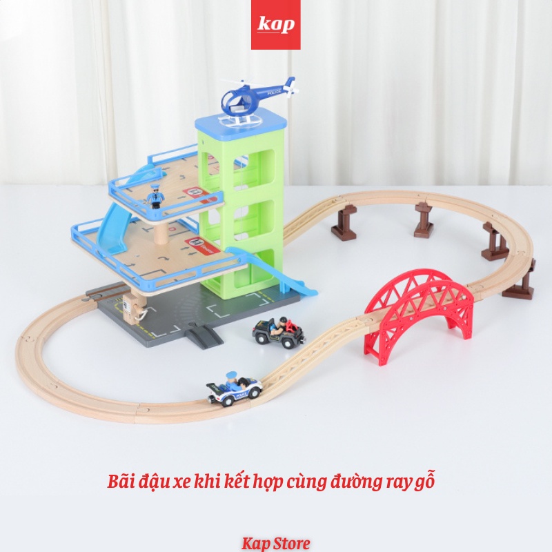 Bộ bãi đậu xe, parking garage, nhà phụ kiện liên kết đường ray xe lửa gỗ