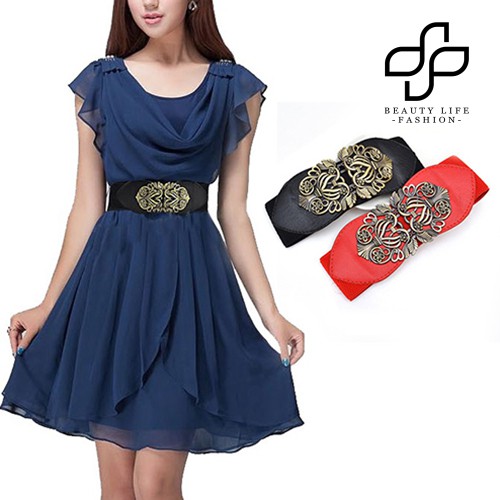 Đai Thắt Lưng Co Dãn Khóa Kim Loại Hình Hoa Vintage Cho Nữ