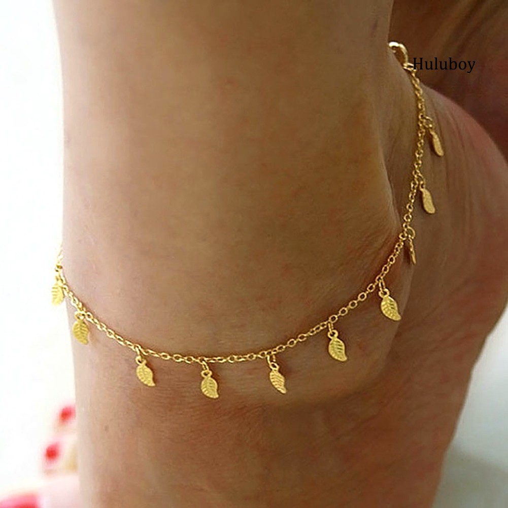 HLB~Sexy Simple Golden Tone Leaf Pendant Anklet Ankle Bracelet Chain Women Jewelry