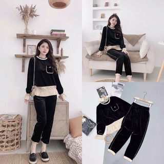 S0377 Bộ Nhung Bánh Bèo Mix Áo Dài Tay Cổ Tròn Pha Đuôi Bèo Nude và Quần Nhung Bo Gấu Tôn Dáng