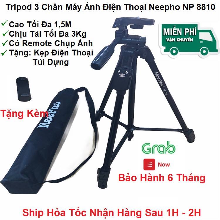 Tripod chân máy ảnh NeePho NP-8810, khung nhôm cao cấp, cao 1.5m chịu tải 3kg, có túi đeo. Kèm kẹp điện thoại + R