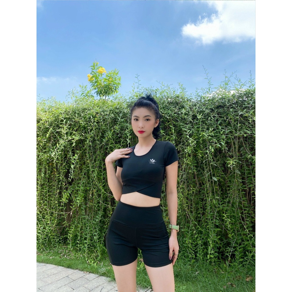 Bộ tập gym nữ, đồ tập yoga erobic nữ áo xoắn bụng có mút quần đùi có túi chất đẹp thoáng mát